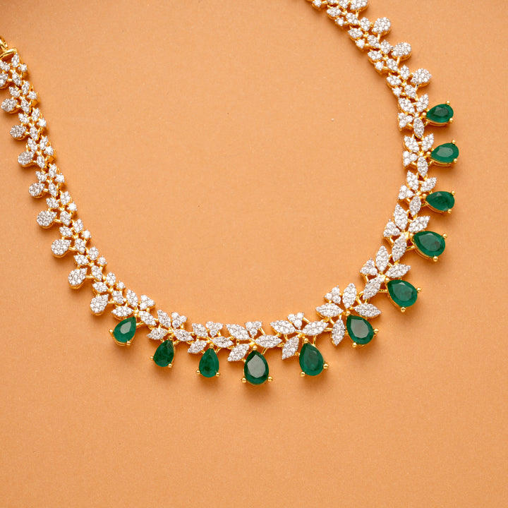 Regal Tri Leaf Emerald Teardrop Swarovski Golden Necklace