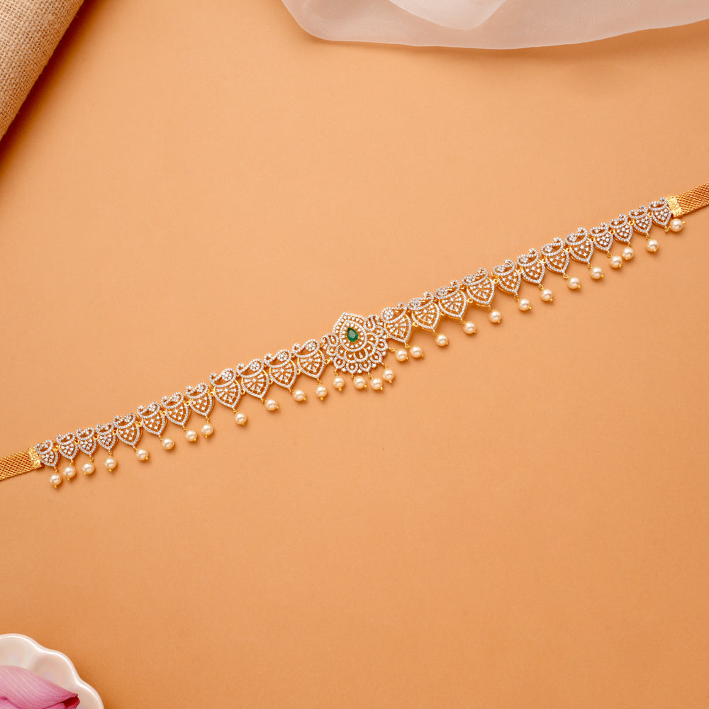 Elegant Emerald Design Pearl Drops Golden Hip Belt