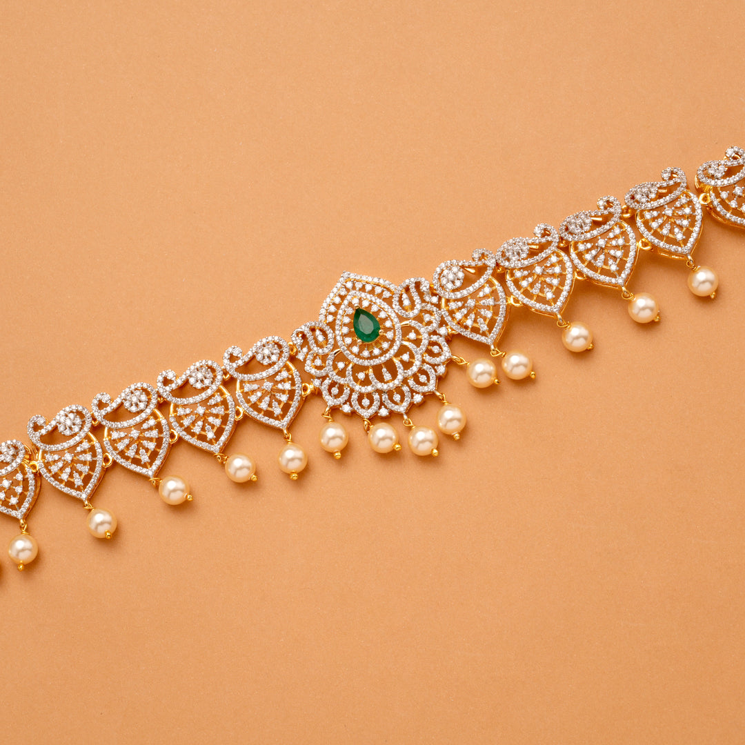Elegant Emerald Design Pearl Drops Golden Hip Belt