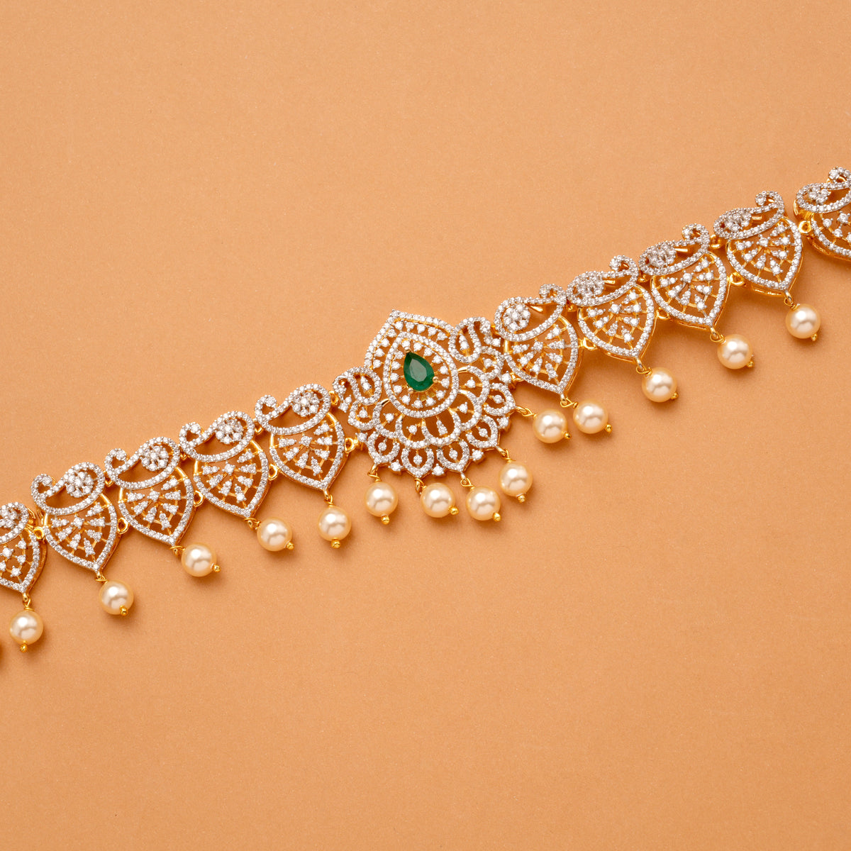 Elegant Emerald Design Pearl Drops Golden Hip Belt