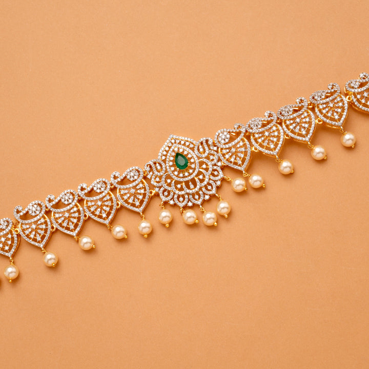 Elegant Emerald Design Pearl Drops Golden Hip Belt