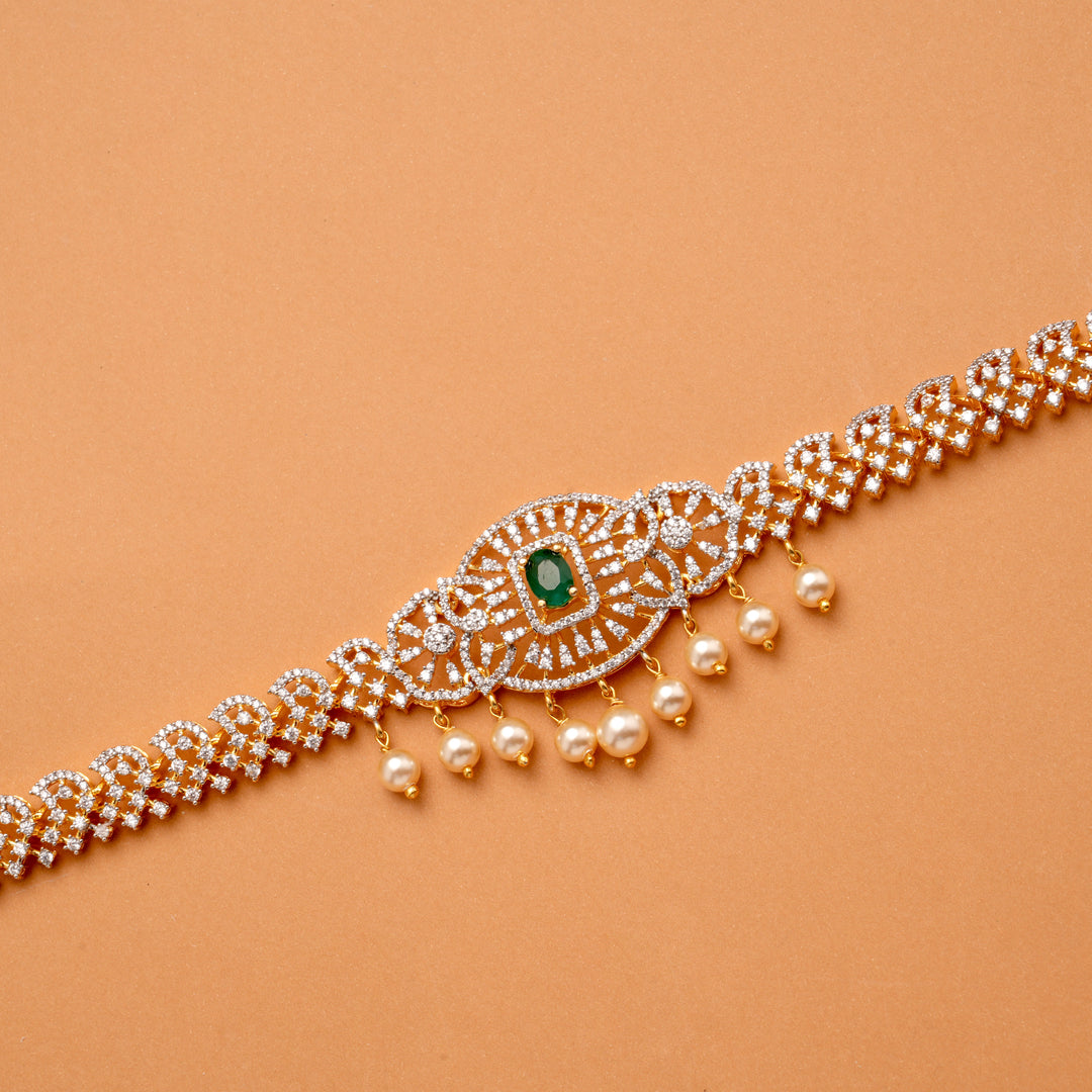 Classic Emerald Stone Pearl Drops Golden Oddiyanam