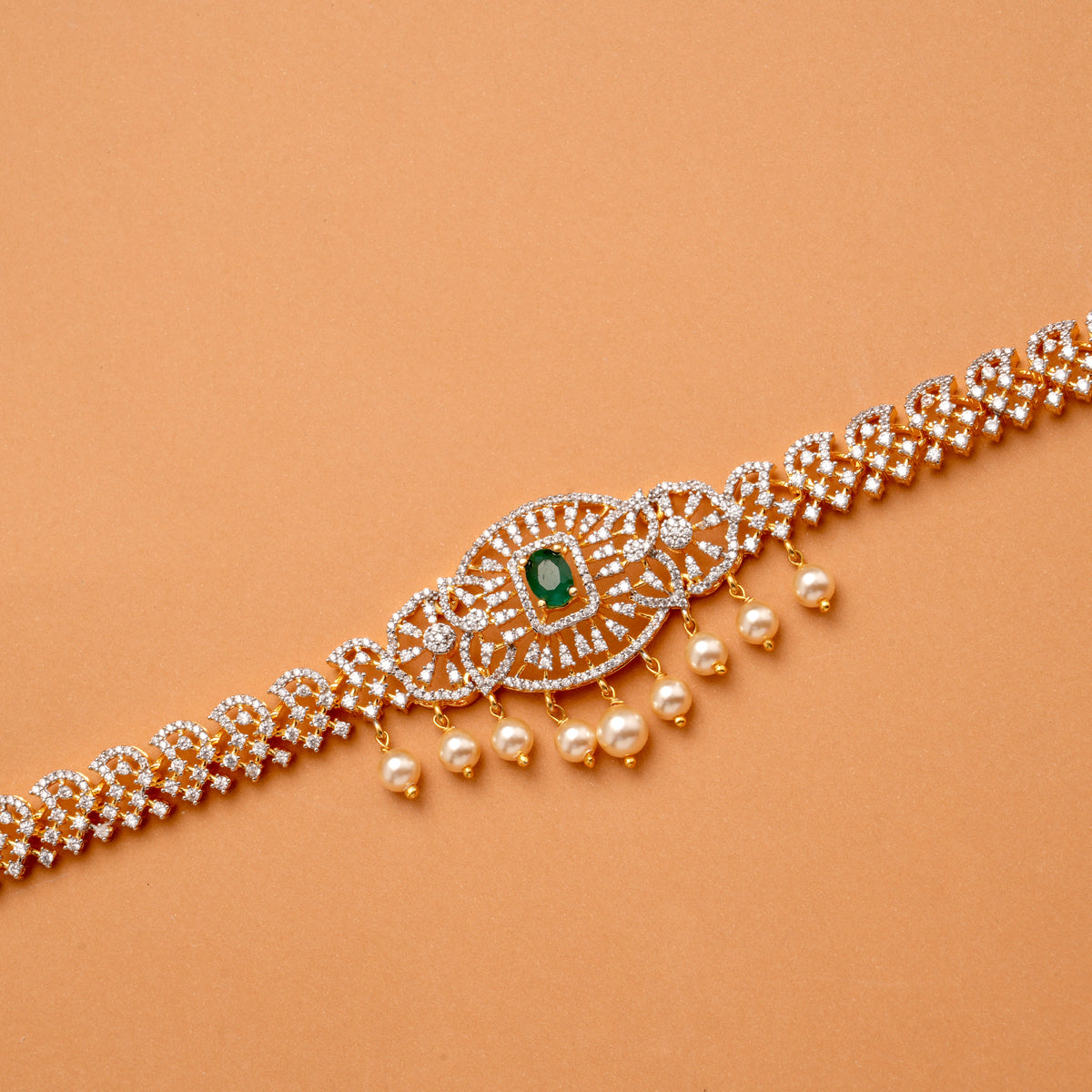 Classic Emerald Stone Pearl Drops Golden Oddiyanam