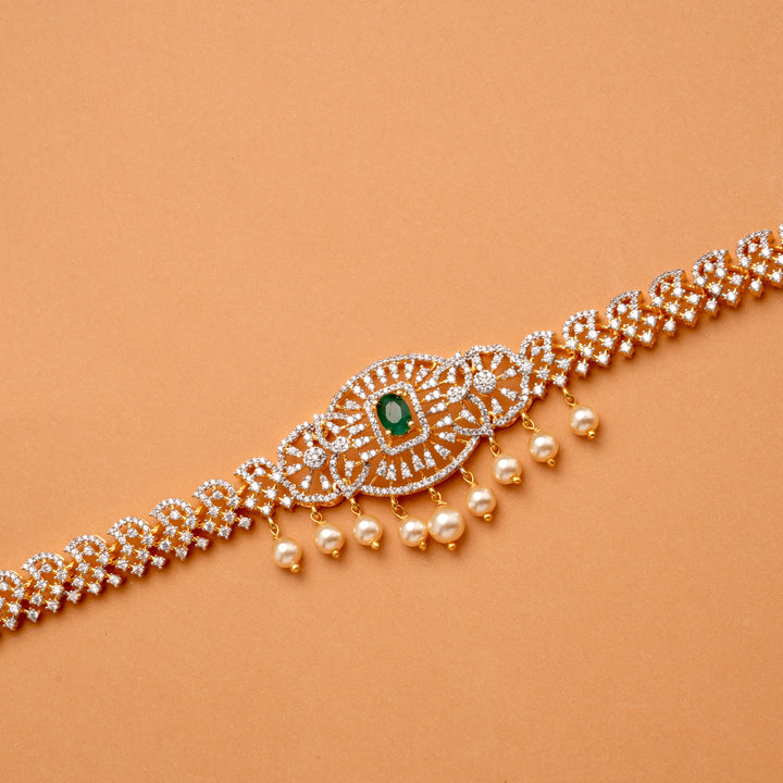 Classic Emerald Stone Pearl Drops Golden Oddiyanam