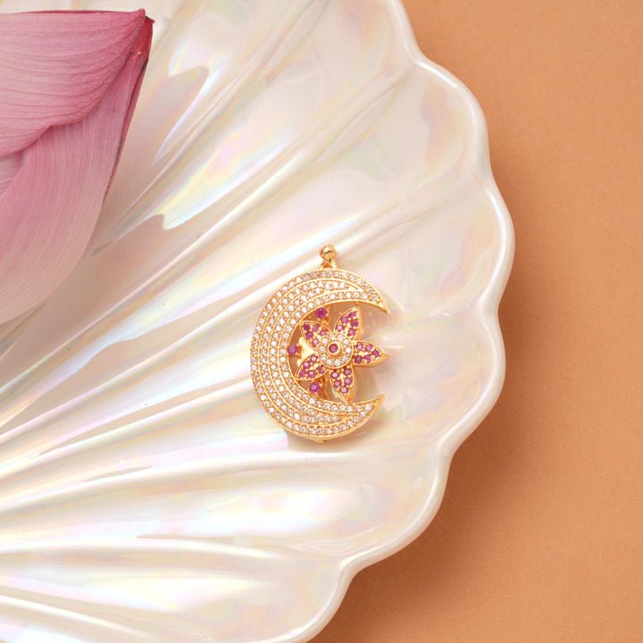 Crescent Moon with Ruby Floral Golden Pin