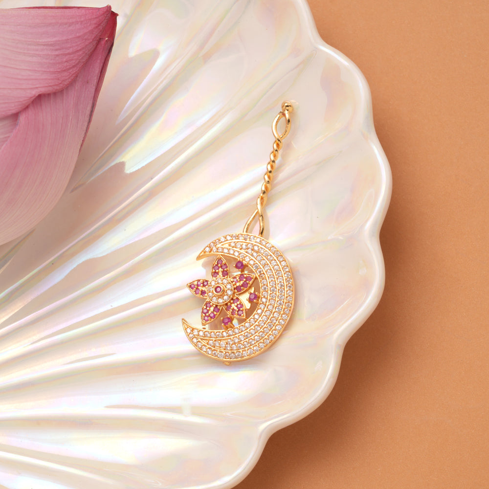Crescent Moon with Ruby Floral Golden Pin