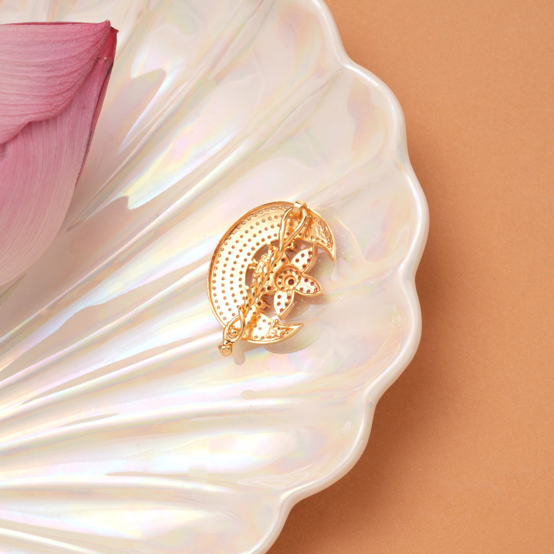 Crescent Moon with Ruby Floral Golden Pin
