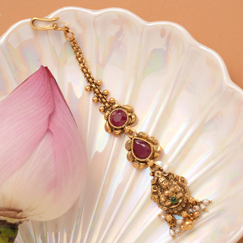 Lakshmi Ruby Tear Drop Golden Maang Tikka