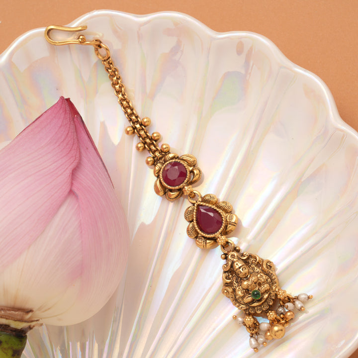 Lakshmi Ruby Tear Drop Golden Maang Tikka