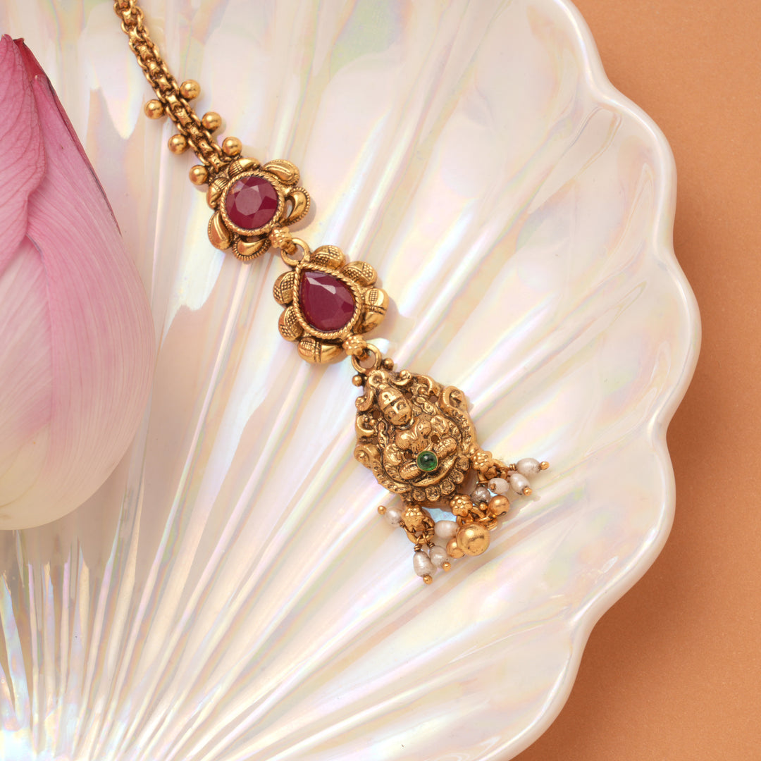 Lakshmi Ruby Tear Drop Golden Maang Tikka