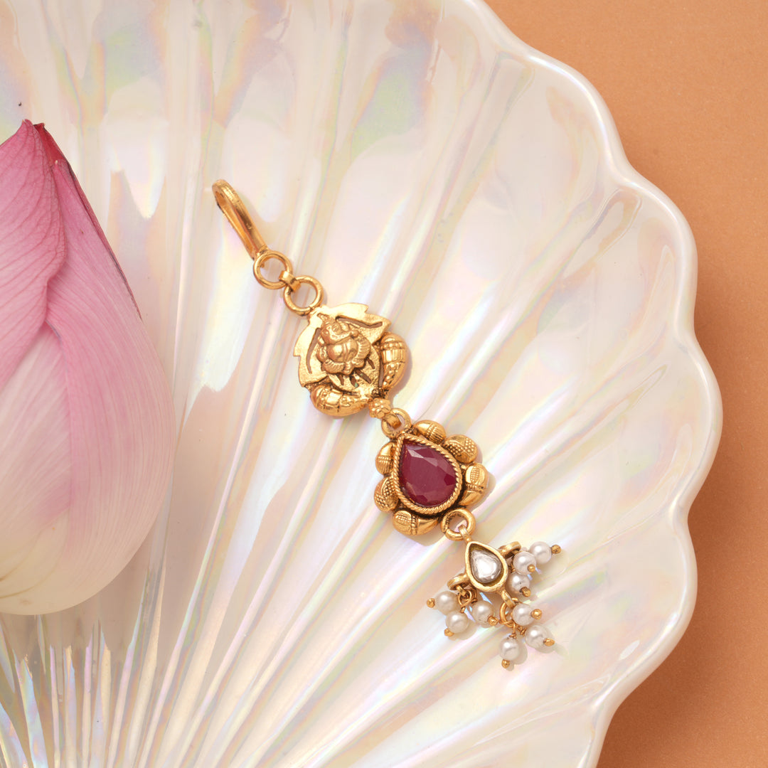 Lord Vinayagar Ruby Tear Drop Golden Maang Tikka