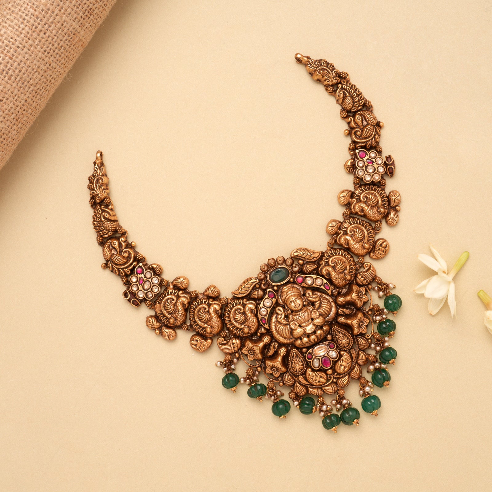 Heritage Lakshmi Devi Pearl Drops Golden Necklace