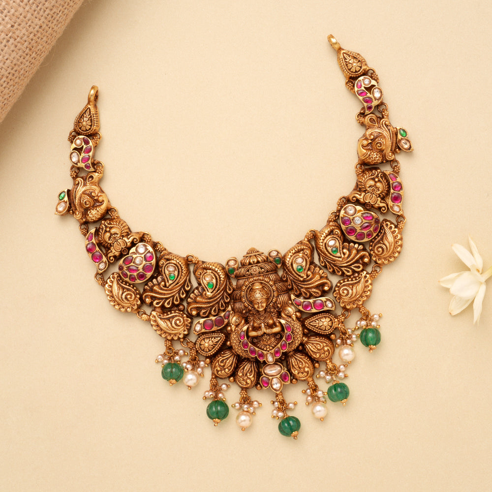 Premium Peacock with Lakshmi Pearl Drops Golden Necklace