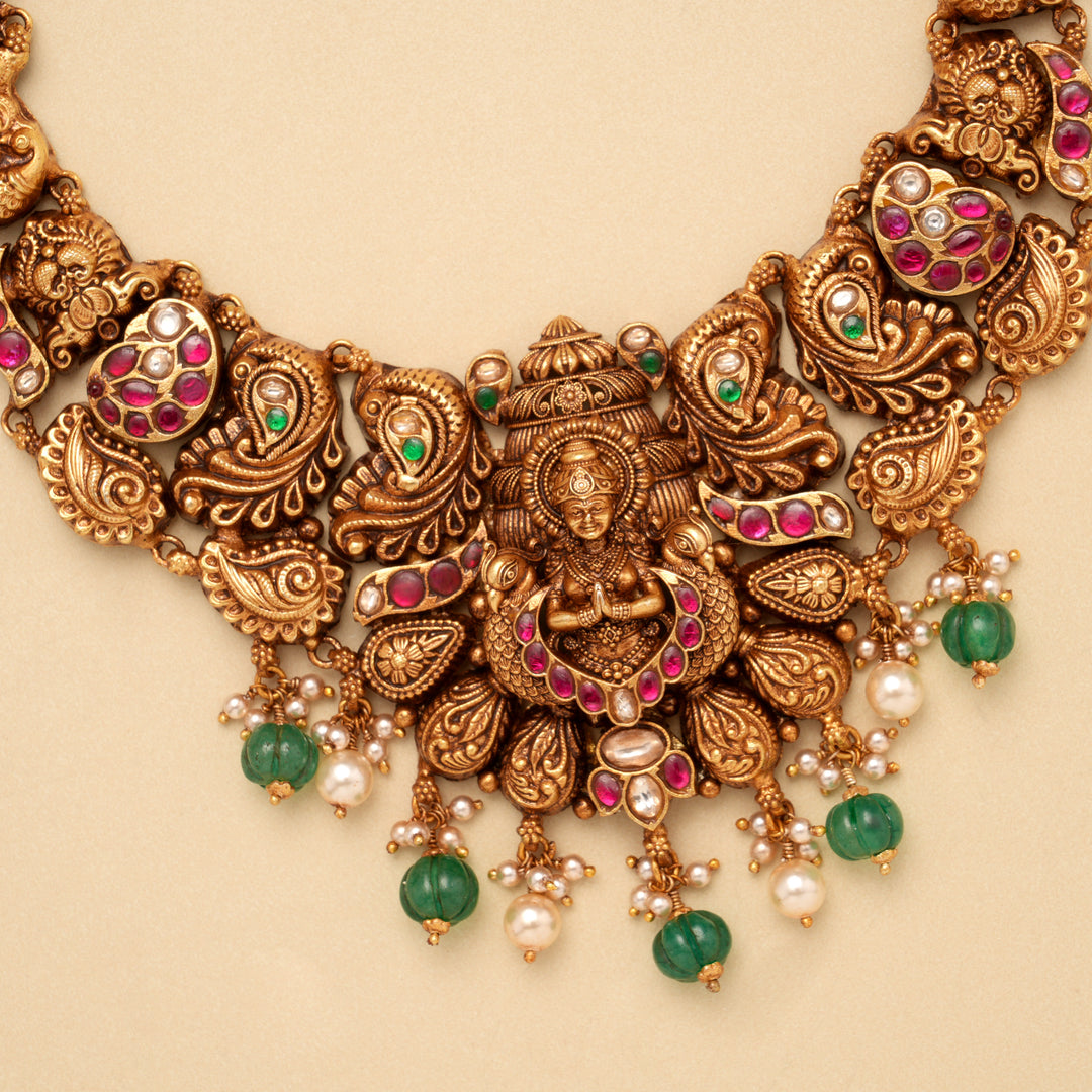 Premium Peacock with Lakshmi Pearl Drops Golden Necklace