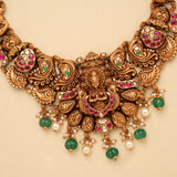 Premium Peacock with Lakshmi Pearl Drops Golden Necklace