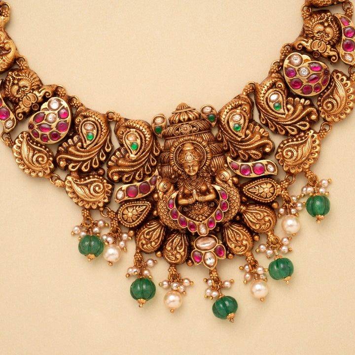 Premium Peacock with Lakshmi Pearl Drops Golden Necklace