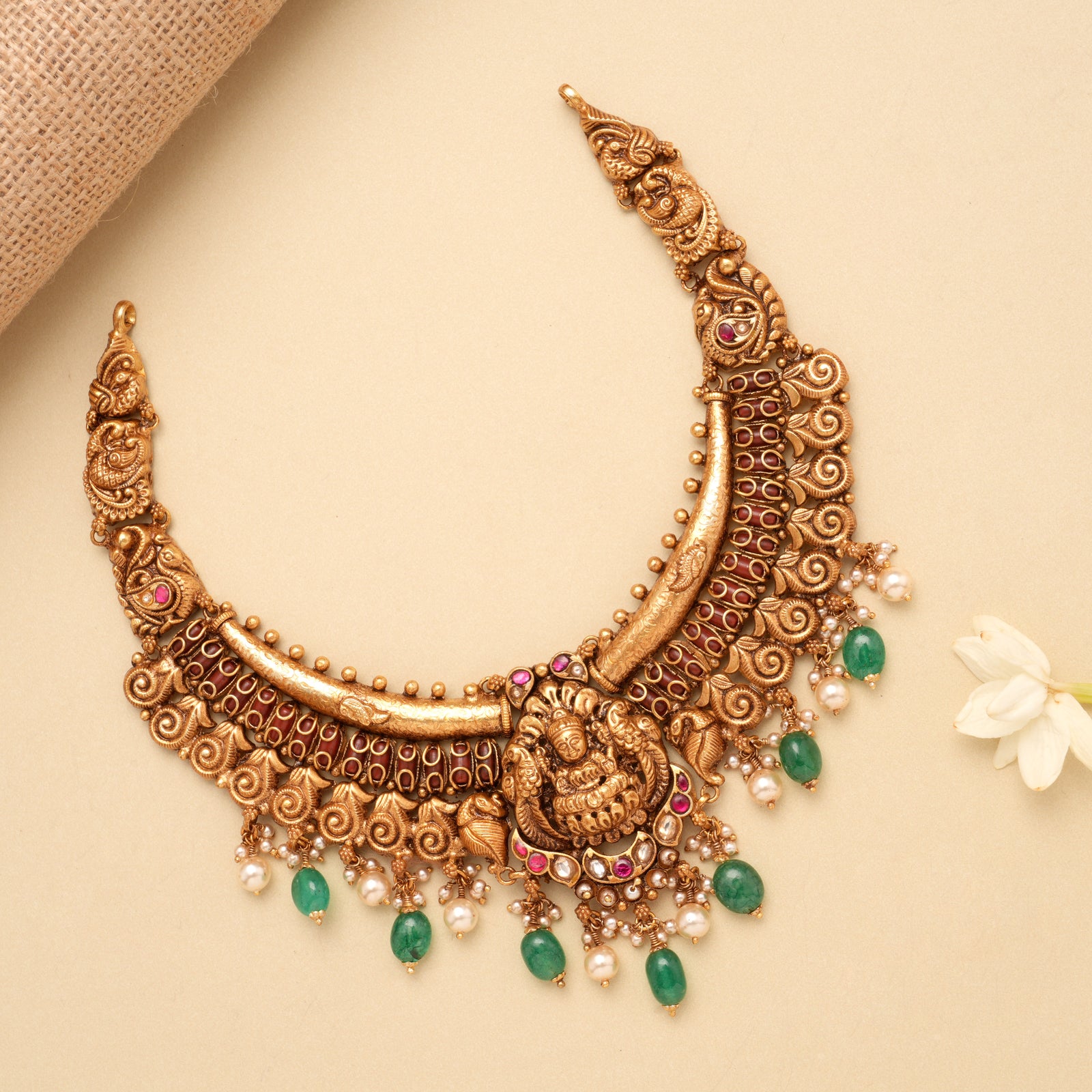 Traditional Ruby Stone Lakshmi Golden Necklace