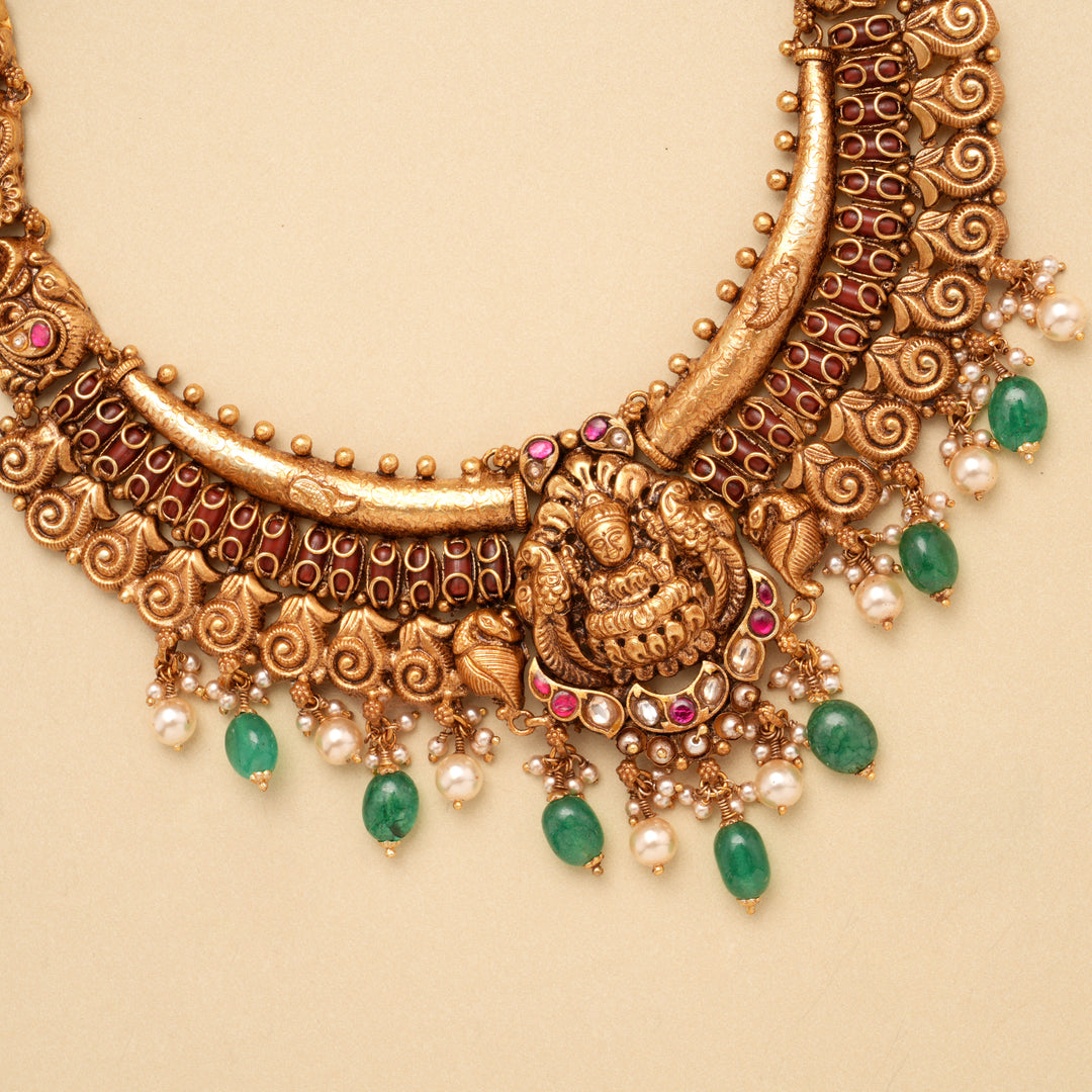 Traditional Ruby Stone Lakshmi Golden Necklace