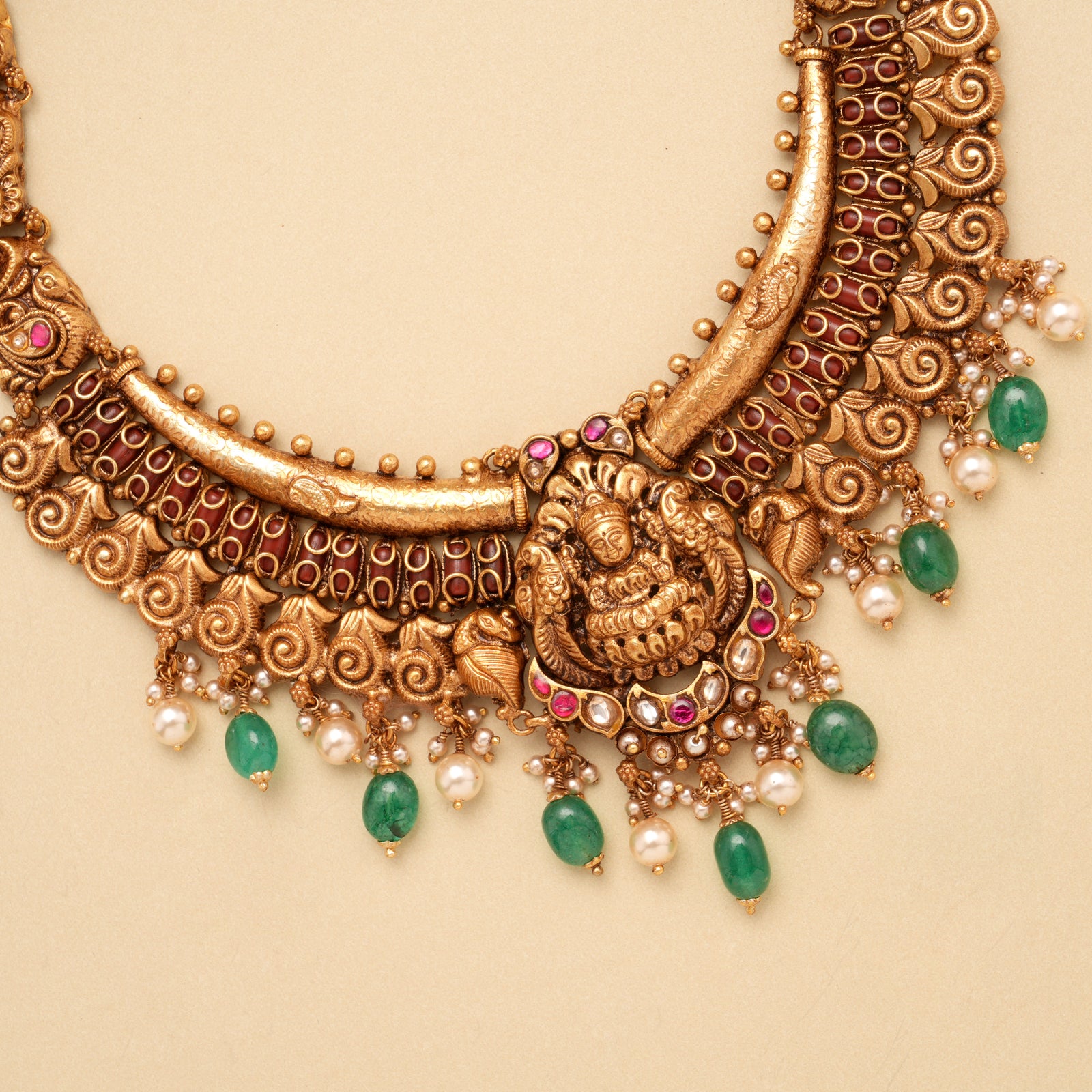 Traditional Ruby Stone Lakshmi Golden Necklace