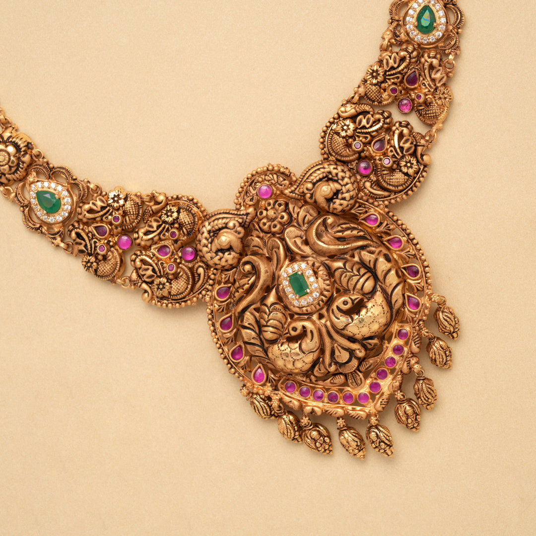 Elegant Floral Ruby Stone Lakshmi Golden Necklace