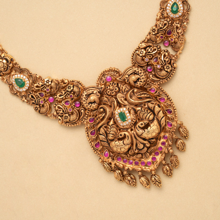 Elegant Floral Ruby Stone Lakshmi Golden Necklace