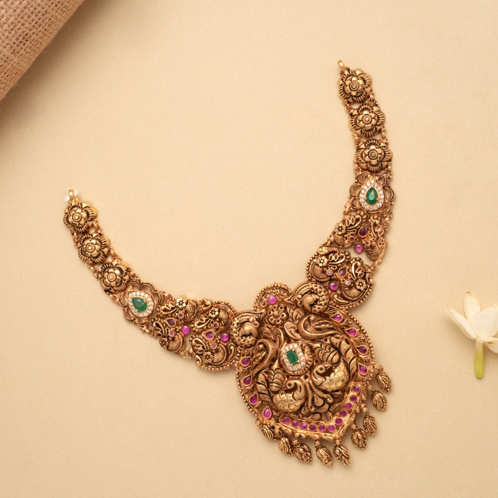 Elegant Floral Ruby Stone Lakshmi Golden Necklace