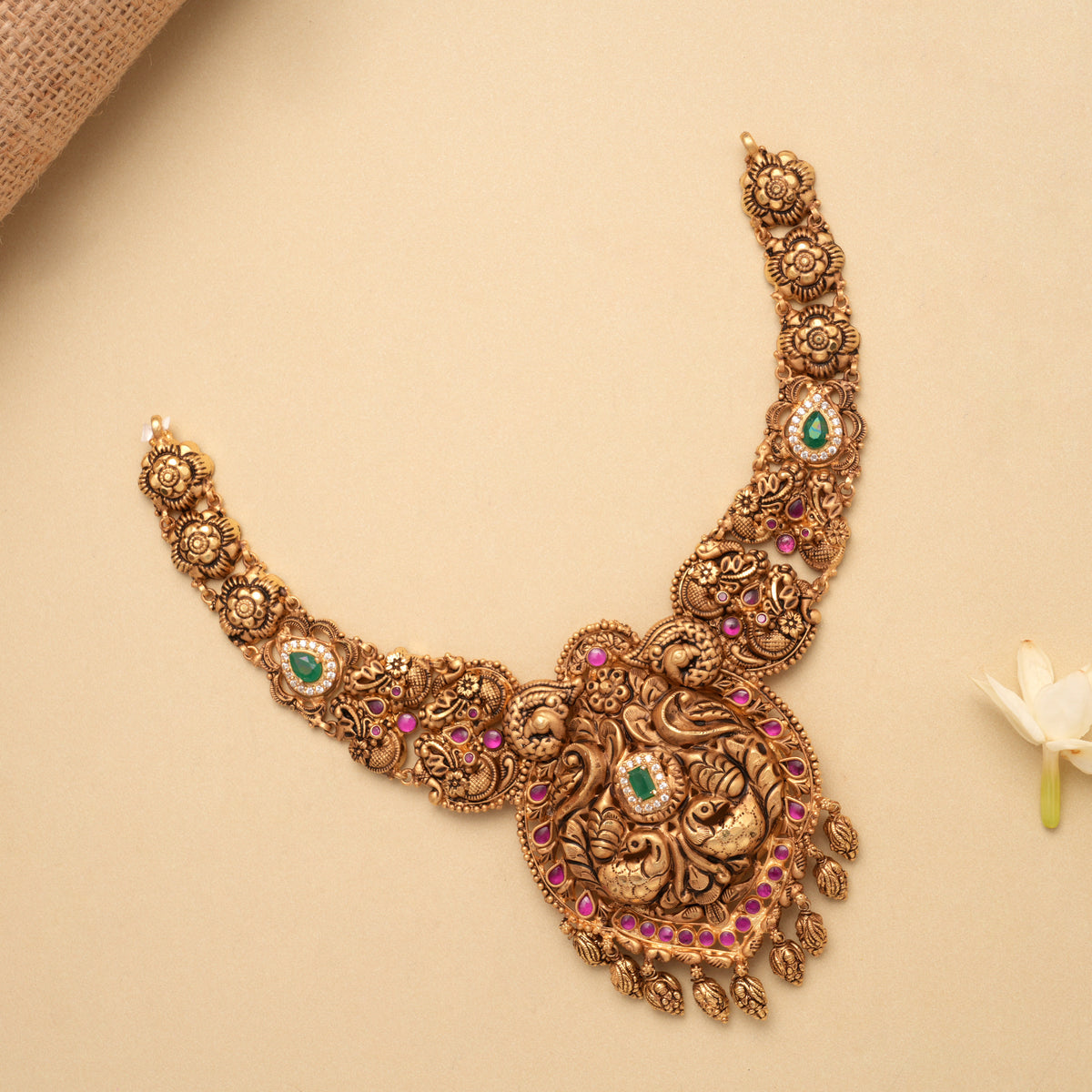 Elegant Floral Ruby Stone Lakshmi Golden Necklace