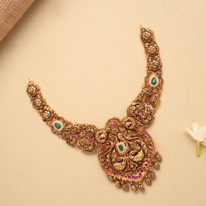Elegant Floral Ruby Stone Lakshmi Golden Necklace