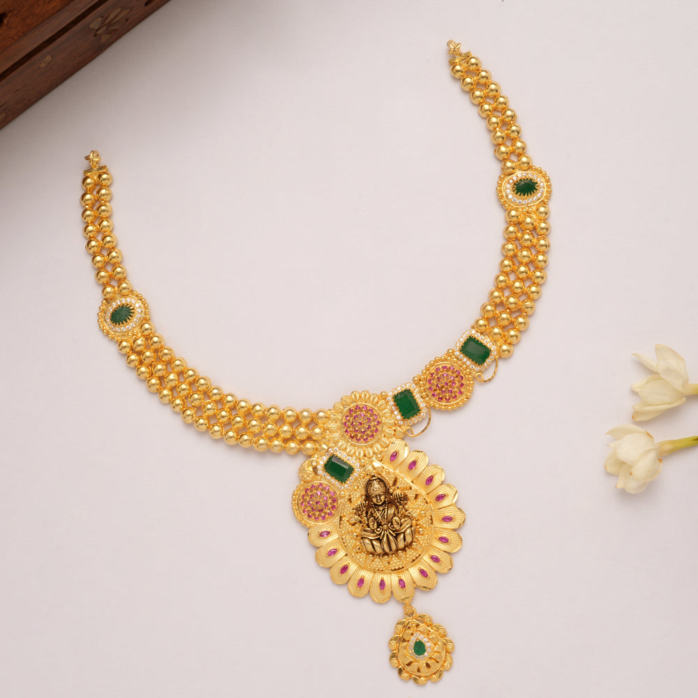Modern Teardrops Pendant with Lakshmi Golden Necklace