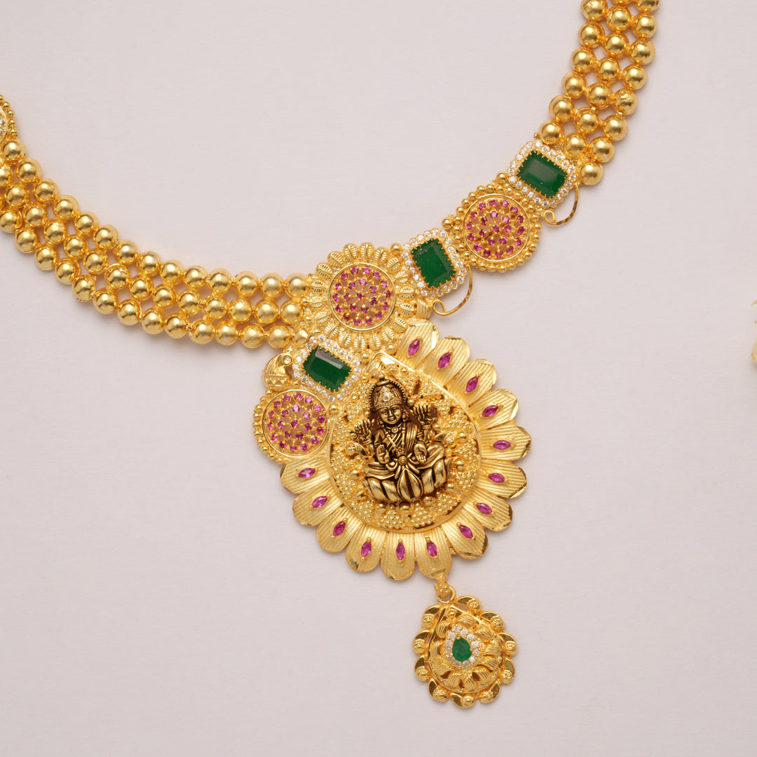 Modern Teardrops Pendant with Lakshmi Golden Necklace