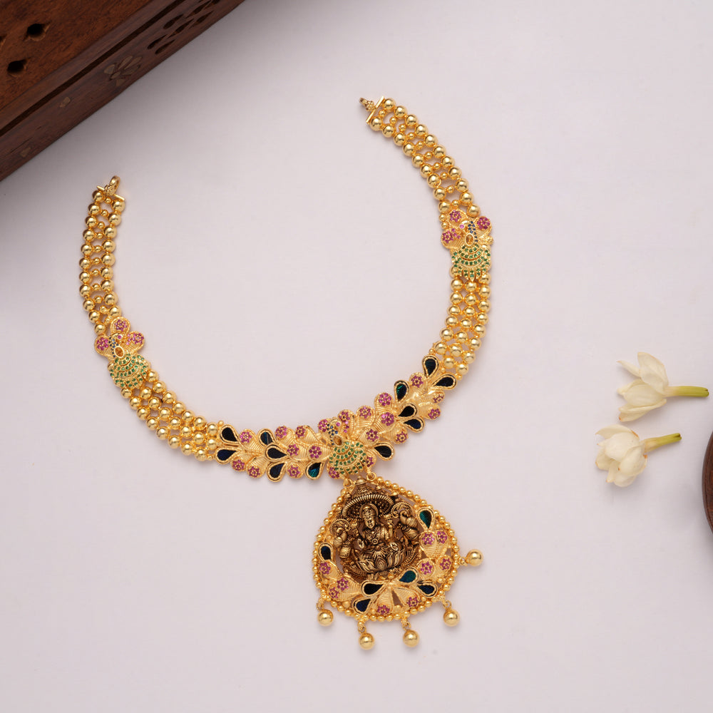 Beautiful Peacock Feather Motif Lakshmi Golden Necklace