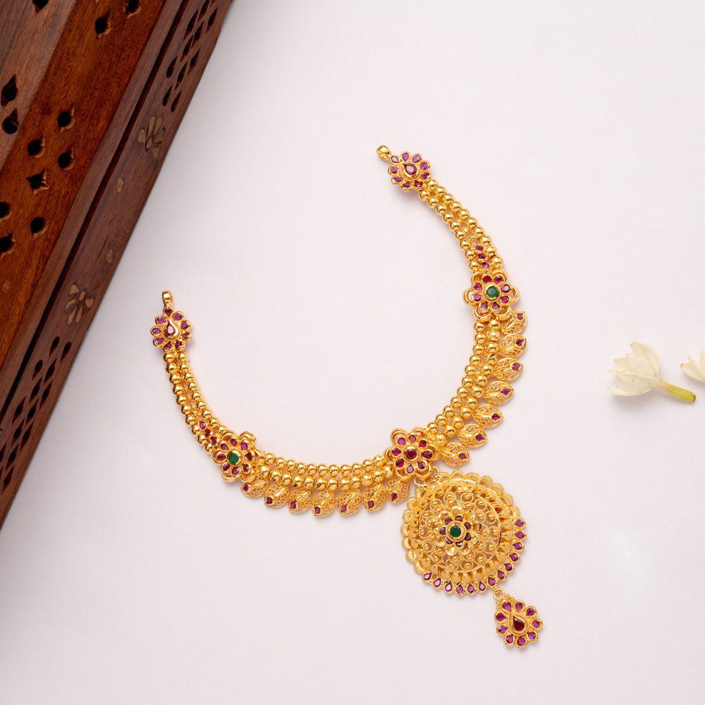 Lovely Blossom with Round Pendant Golden Necklace