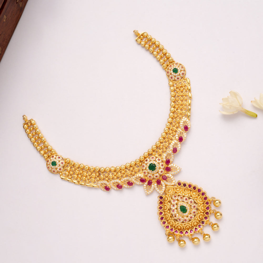 Ethnic Lotus Motif Stone Pendant Golden Necklace