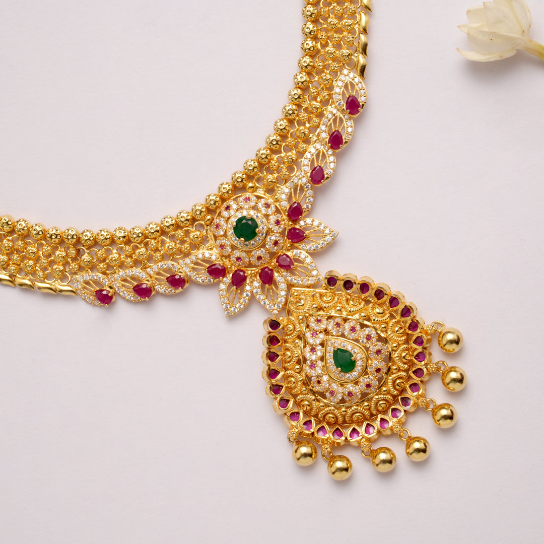 Ethnic Lotus Motif Stone Pendant Golden Necklace
