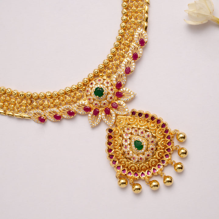 Ethnic Lotus Motif Stone Pendant Golden Necklace