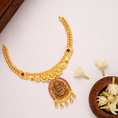 Grand Goddess Lakshmi Ruby Stone Golden Necklace