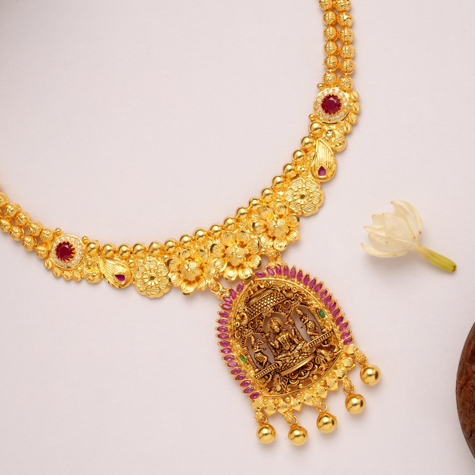 Grand Goddess Lakshmi Ruby Stone Golden Necklace