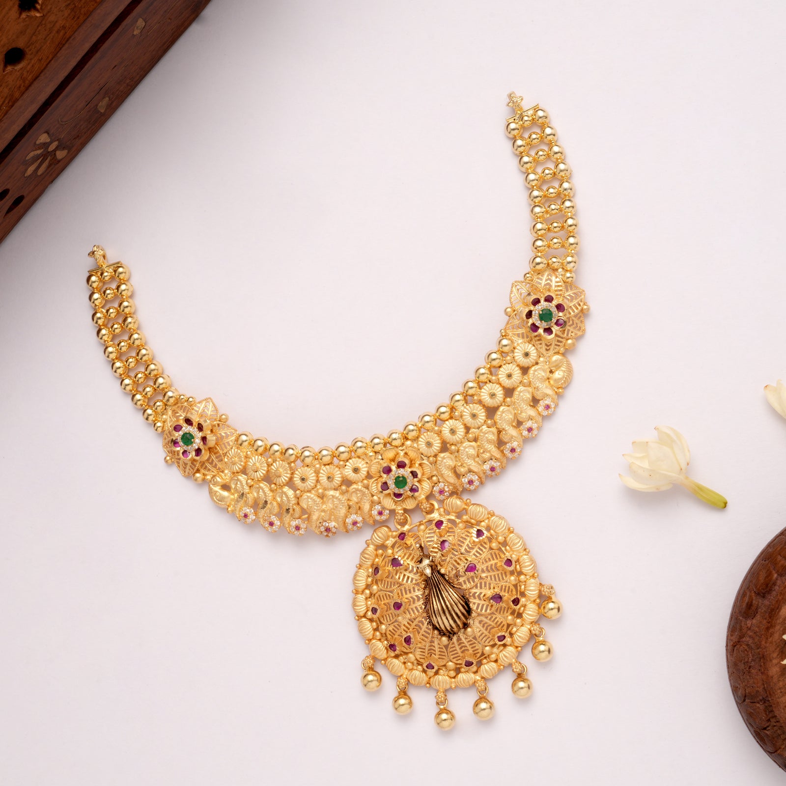 Fancy Peacock Motif Round Pattern Golden Necklace