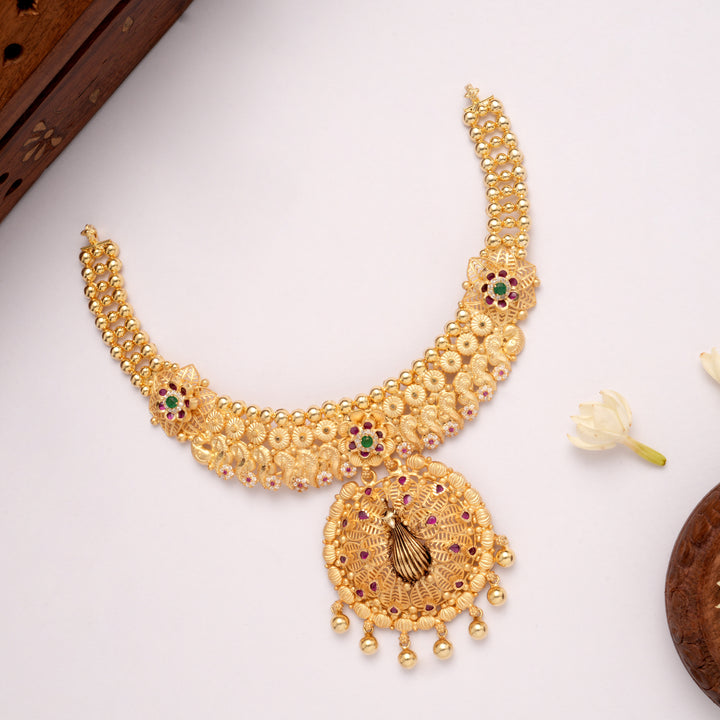 Fancy Peacock Motif Round Pattern Golden Necklace