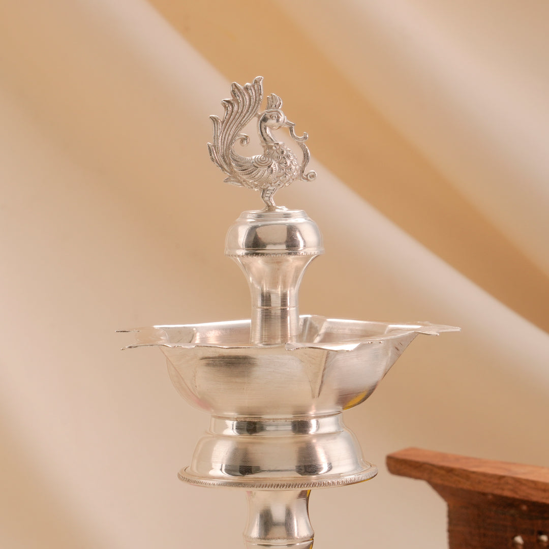 Peacock Design Silver Kuthu Vilakku