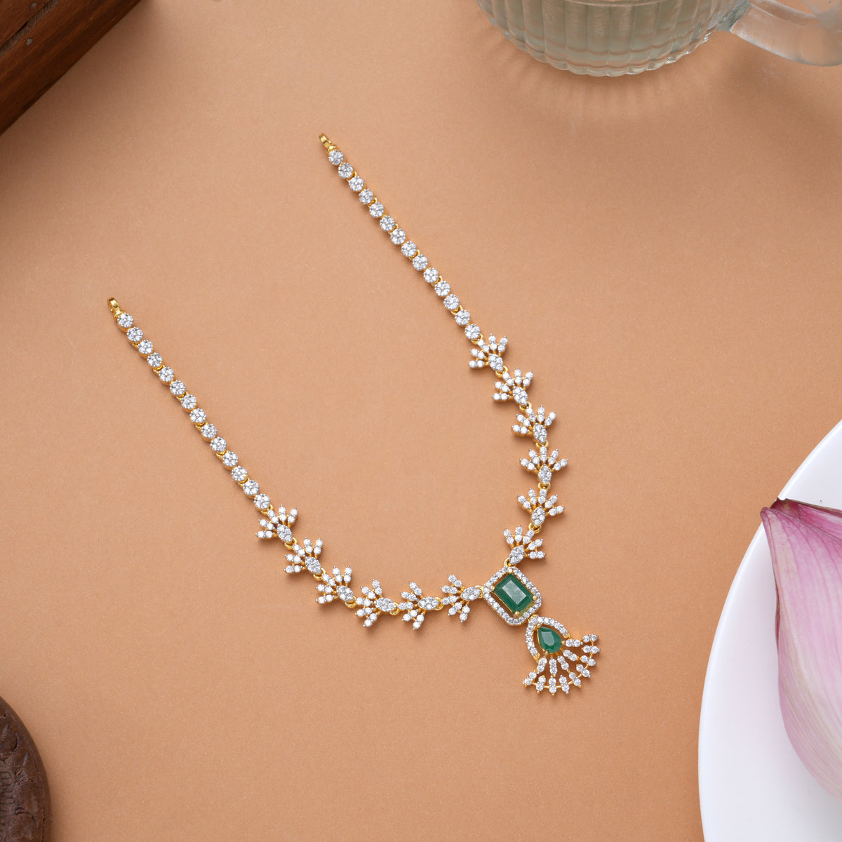 Vibrant Green Stone Pendant Golden Swarovski Necklace