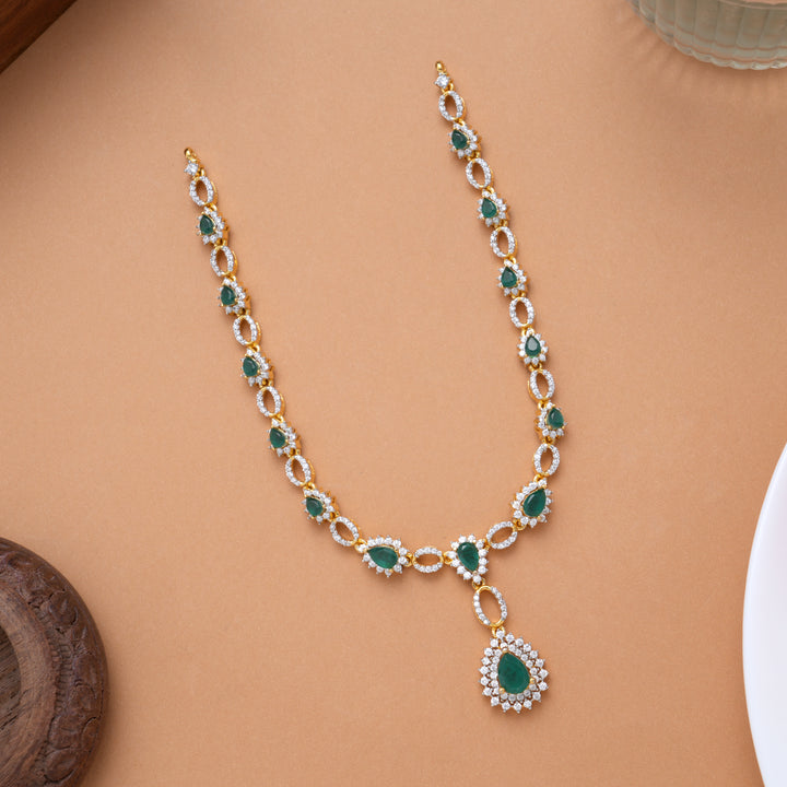 Stylish Tear Drops Emerald Stone Drops Golden Swarovski Necklace