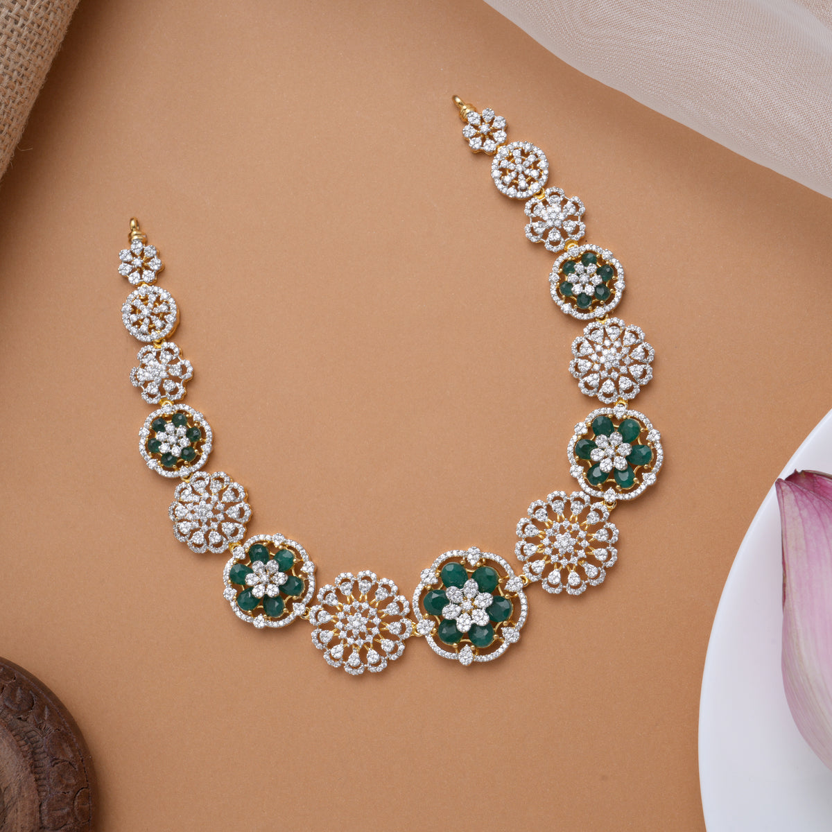 Regal Blossom Emerald Stones Golden Swarovski Necklace