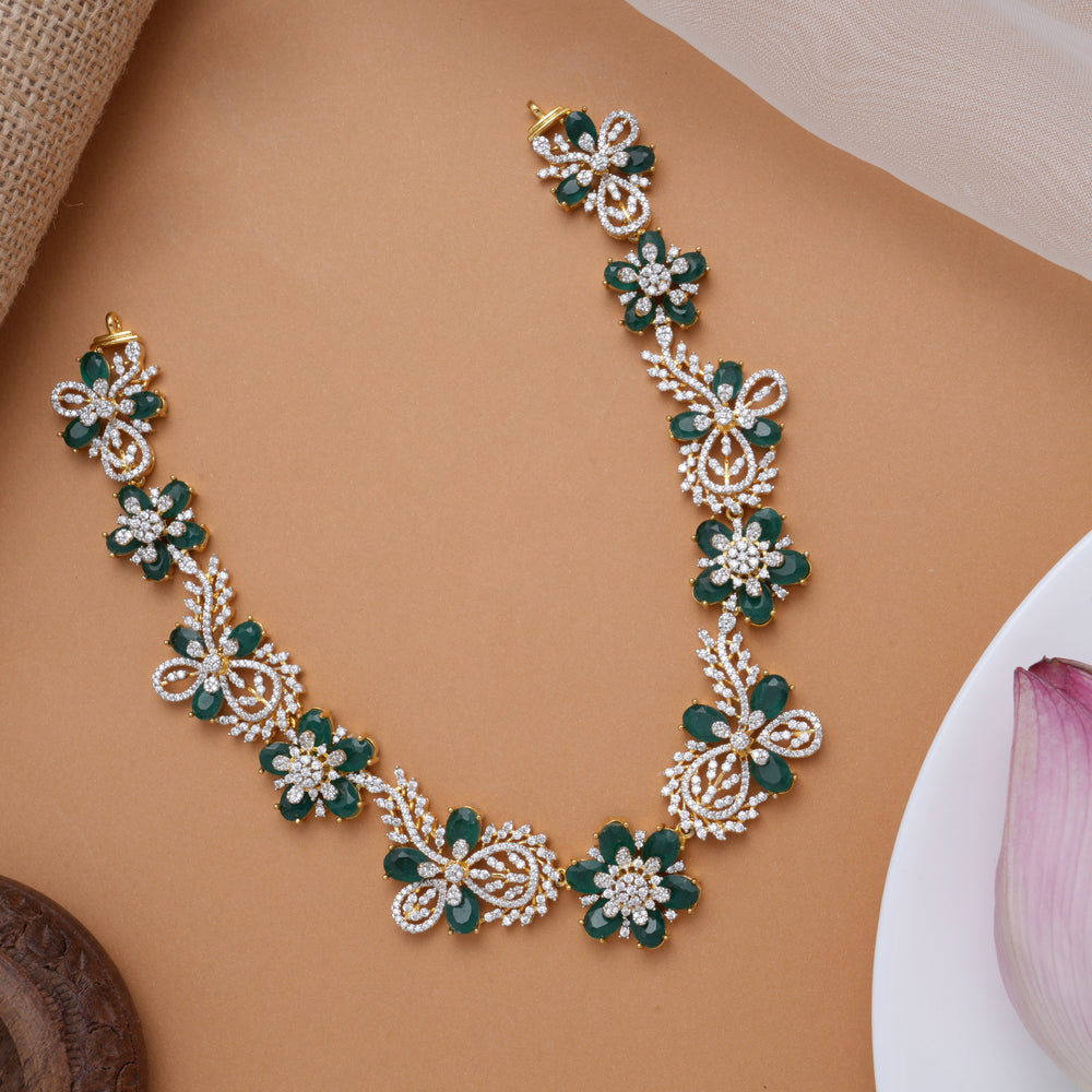 Beautiful Five Leaf Emerald Floral Golden Swarovski Necklace