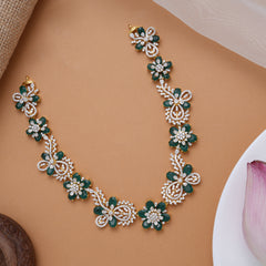 Beautiful Five Leaf Emerald Floral Golden Swarovski Necklace