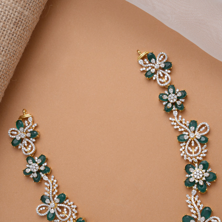 Beautiful Five Leaf Emerlad Floral Golden Swarovski Necklace