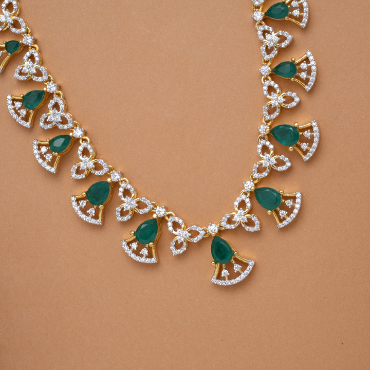 Tri Leaf with Emerald Stone Drops Golden Swarovski Necklace