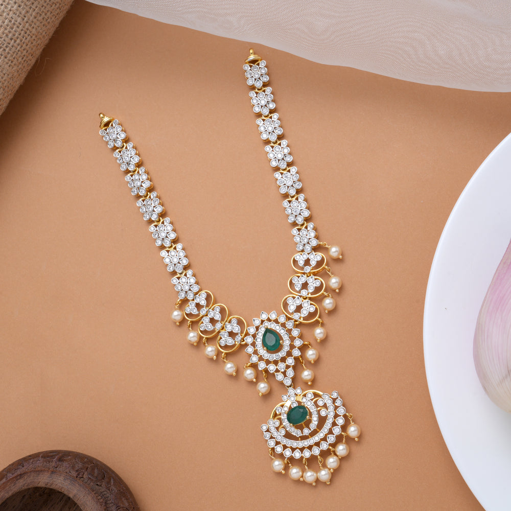 Stylish Stone Pendant Pearl Drops Golden Swarovski Necklace