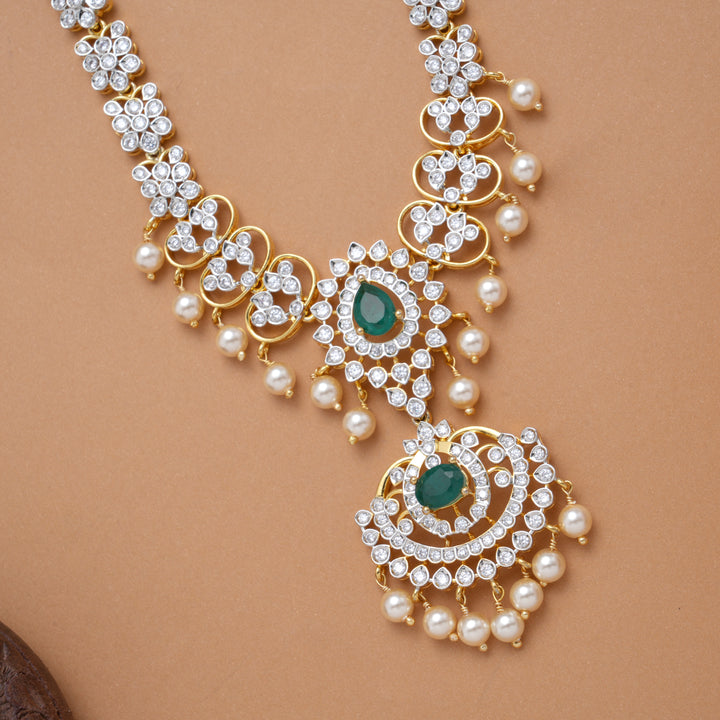 Stylish Stone Pendant Pearl Drops Golden Swarovski Necklace