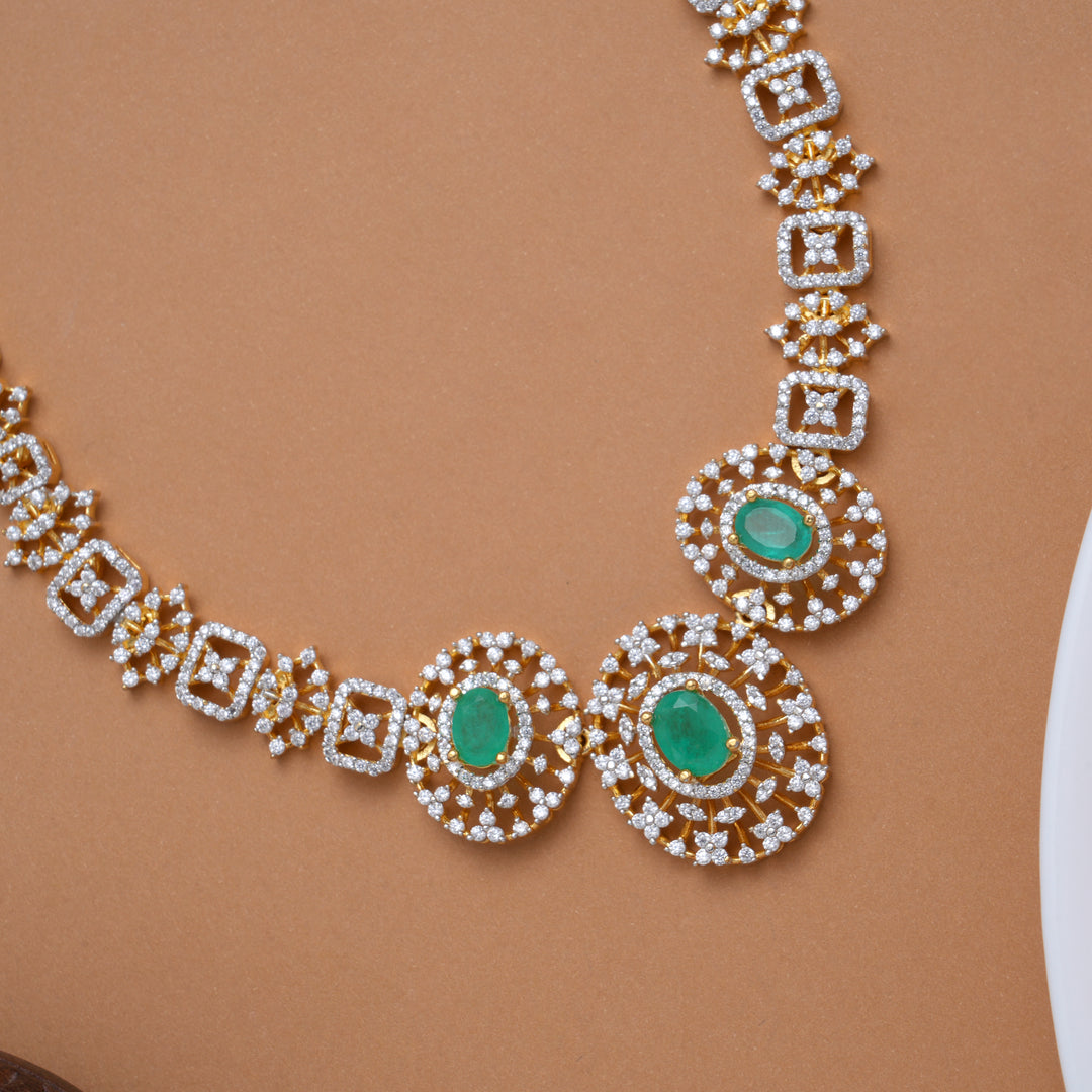 Tri Oval Emerald Stone Pendant Golden Swarovski Necklace